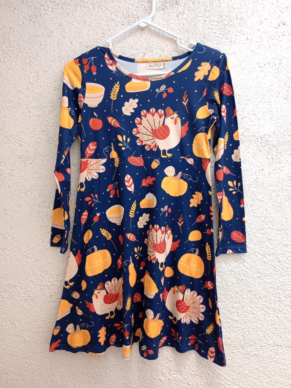 Girls Navy Blue Turkey & Pumpkin Print Long Sleeve Dress Fall Thanksgiving 10